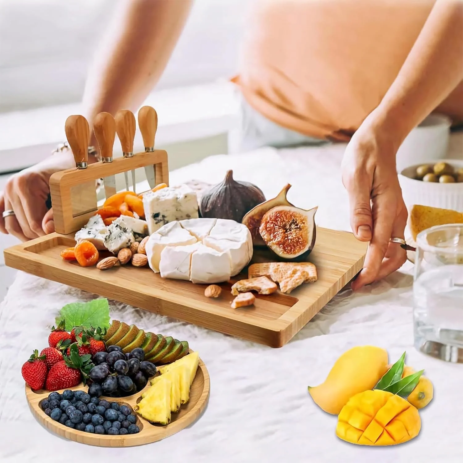 سینی پنیر بامبو ikeoat، تخته سرو با 4 چاقوی پنیر استیل ضد زنگ برای عروسی، سالگرد، شکرگزاری، تعطیلات کریسمس