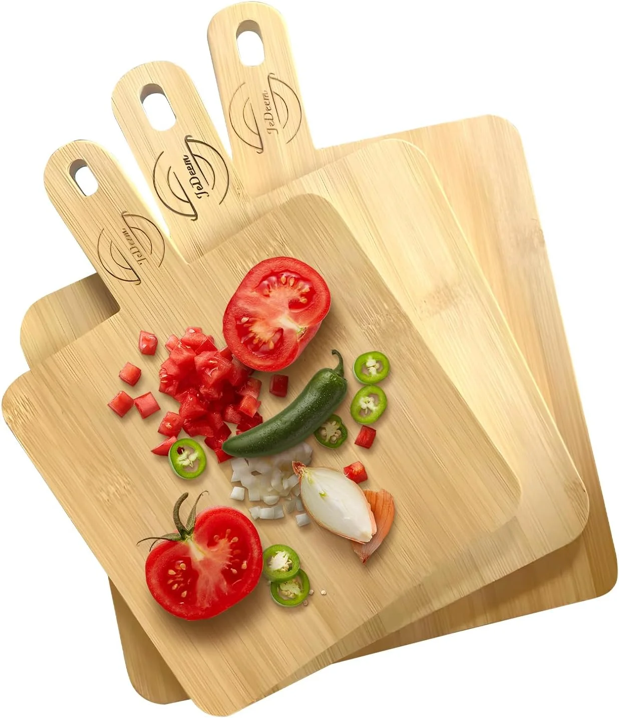 ست تخته برش چوبی بامبو 3 تکه JeDeem | تخته خردکن شیک آشپزخانه، تخته پیتزا، بشقاب سوشی، سینی سرو استیک چوب جامد | سازگار با محیط زیست و بادوام برای گوشت، سبزیجات، پنیر، آماده سازی غذا