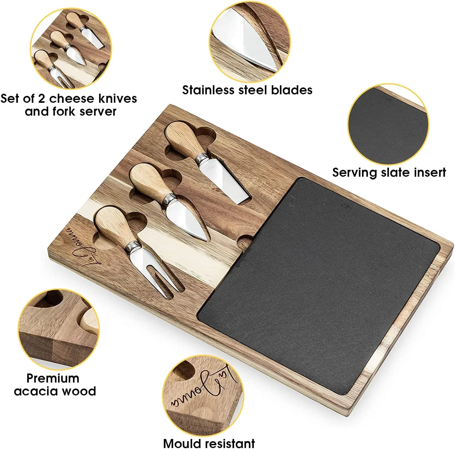 سینی سرو پنیر و ست چاقو لادونا | تخته های سرو برای ظروف پذیرایی | ست هدیه تخته پنیر چوبی شامل 2 چاقو و 1 چنگال | ست تخته پنیر