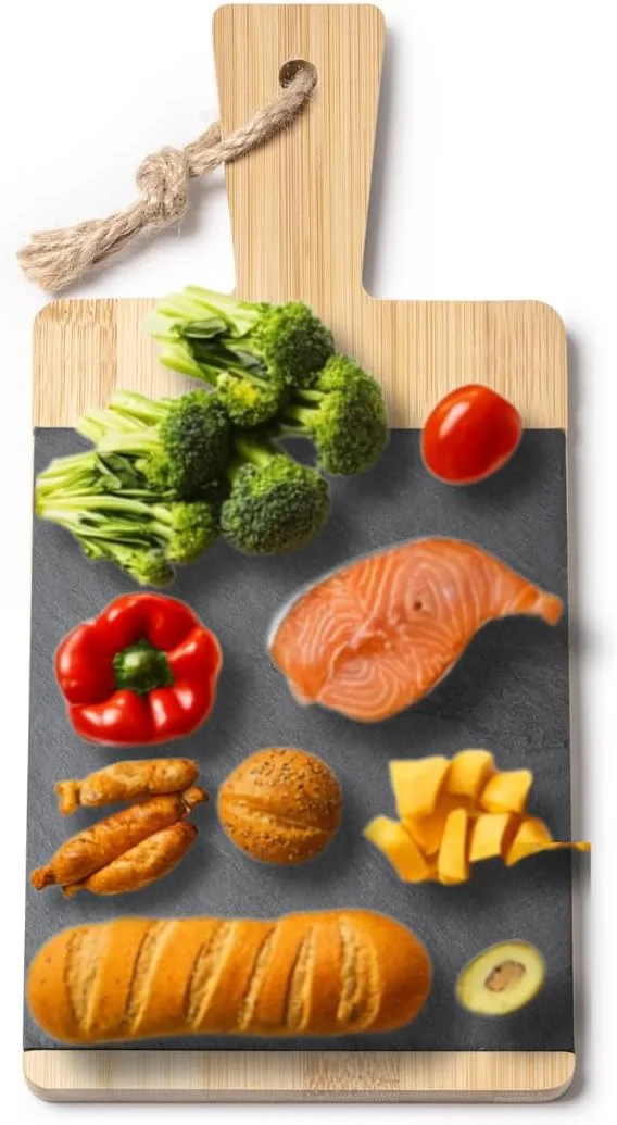 تخته برش آشپزخانه، تخته چوبی بامبو و سنگ لوح با دسته ارگونومیک، تخته آشپزخانه چوبی محکم، برای سرو سوسیس و خرد کردن گوشت، پنیر و نان باربیکیو