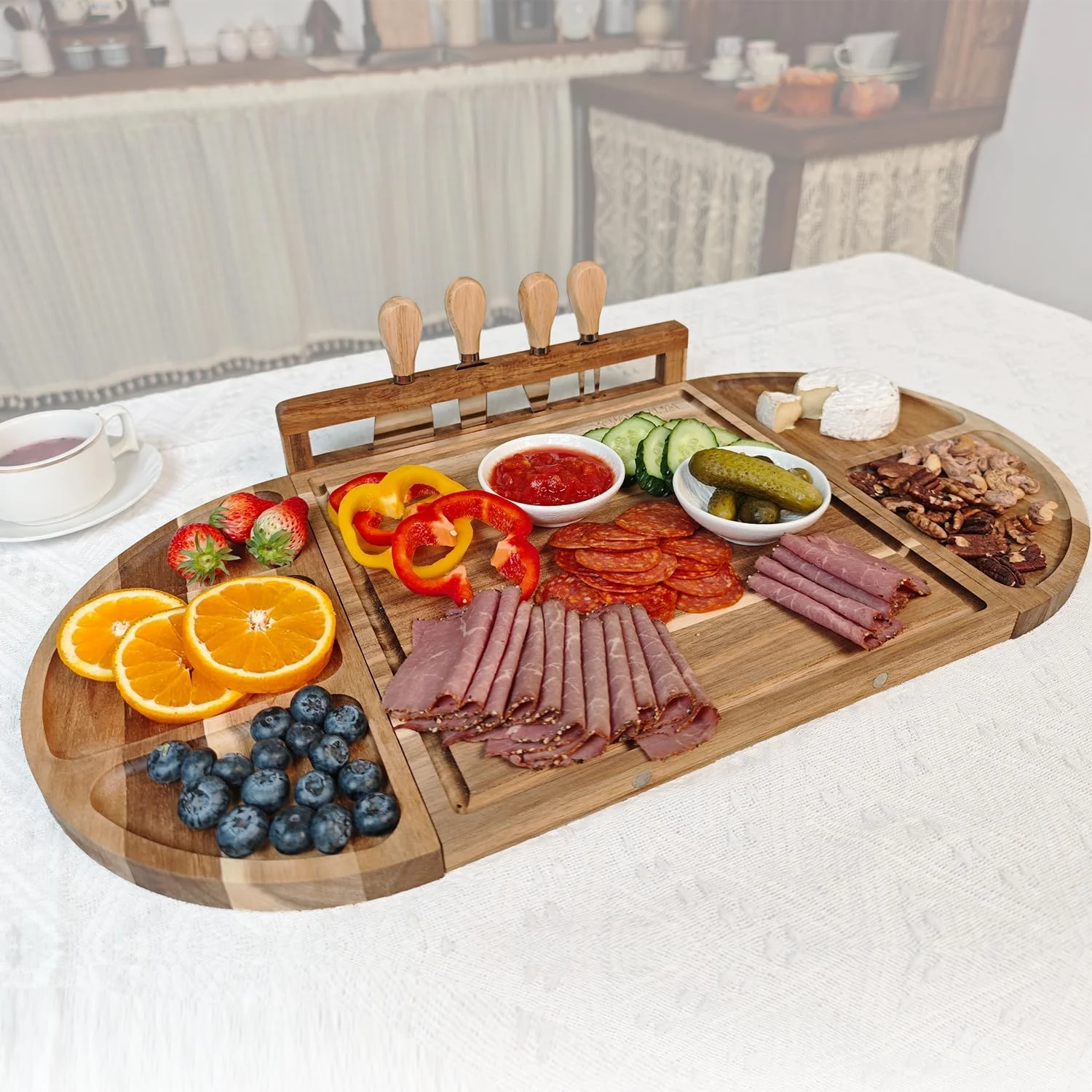 تخته سرو بزرگ، 3 تکه، طراحی منحصر به فرد بلند و گرد، تخته پنیر چوبی آکاسیا مغناطیسی و ست هدیه تخته سرو، سینی چوبی تخته برش 66x33 سانتیمتر