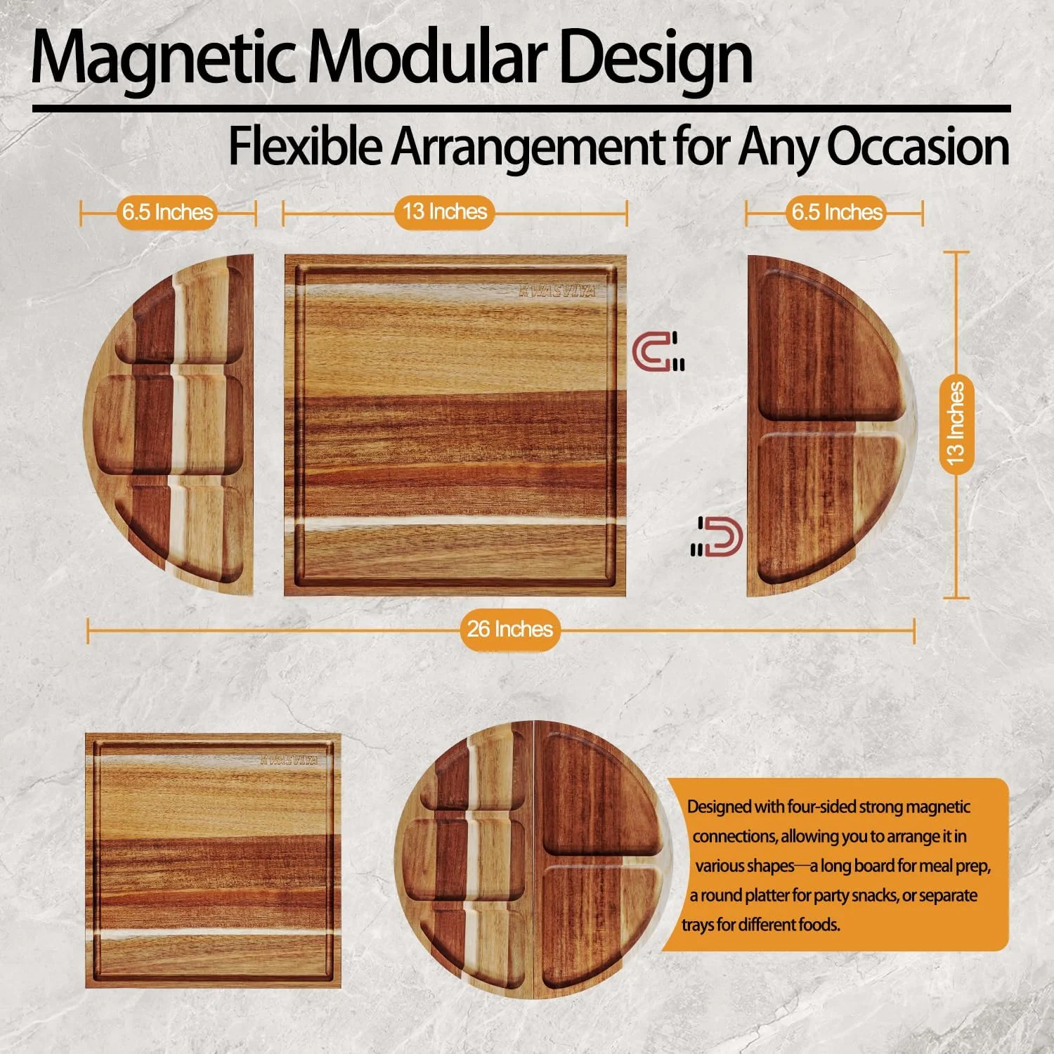 تخته سرو بزرگ، 3 تکه، طراحی منحصر به فرد بلند و گرد، تخته پنیر چوبی آکاسیا مغناطیسی و ست هدیه تخته سرو، سینی چوبی تخته برش 66x33 سانتیمتر