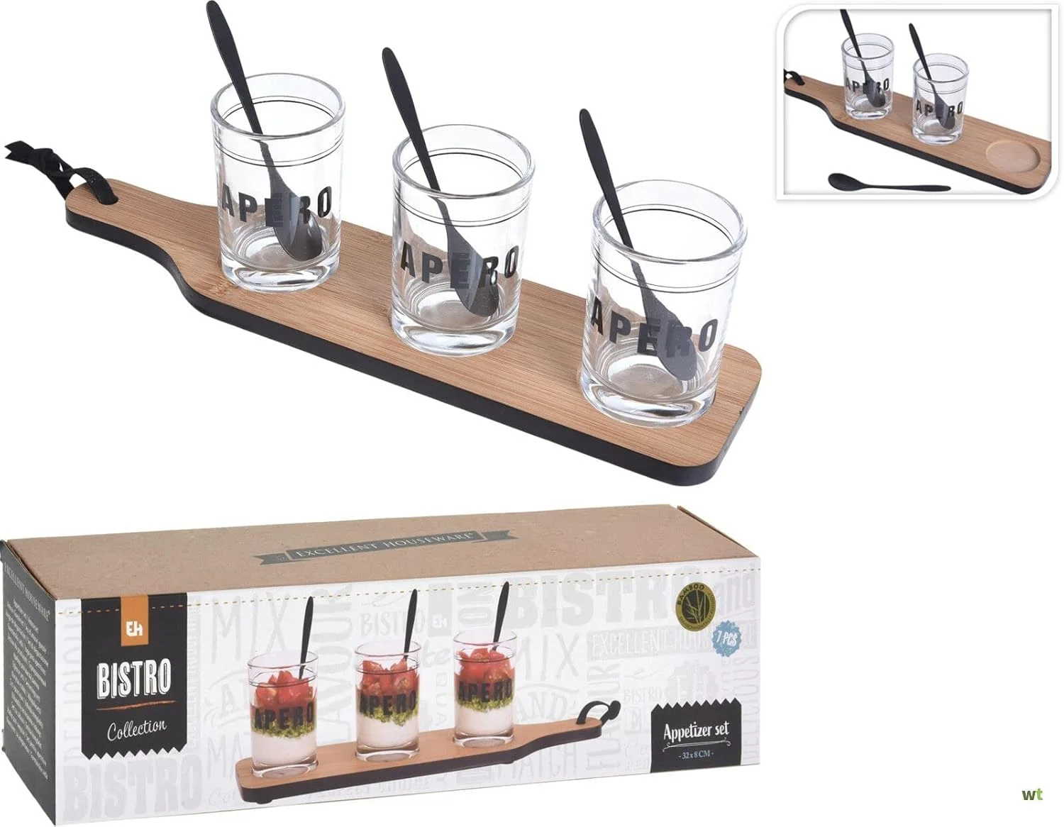 سینی سرو چوبی کوپمن با ست 3 لیوان برای نوشیدنی، پیش غذا، استارتر و مزه سینی سرو چوبی کوپمن با ست 3 لیوان برای نوشیدنی، پیش غذا، استارتر و مزه