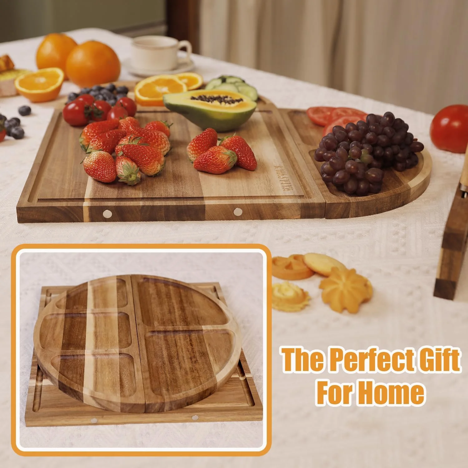 تخته سرو بزرگ، 3 تکه، طراحی منحصر به فرد بلند و گرد، تخته پنیر چوبی آکاسیا مغناطیسی و ست هدیه تخته سرو، سینی چوبی تخته برش 66x33 سانتیمتر