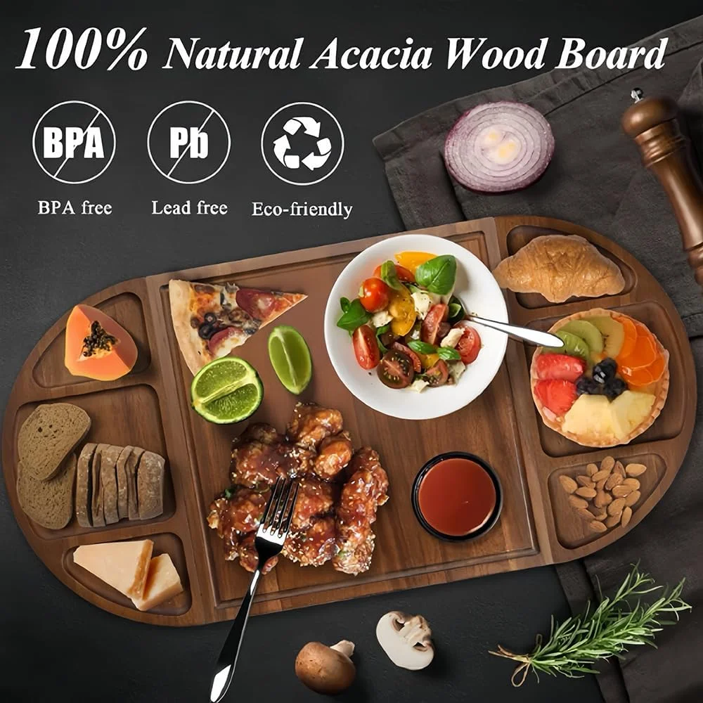 ست تخته سرو بزرگ - تخته پنیر چوبی آکاسیا مغناطیسی 3 تکه بلند و گرد، سینی چوبی تخته برش برای سرو غذا، سینی سرو کراکر و تنقلات