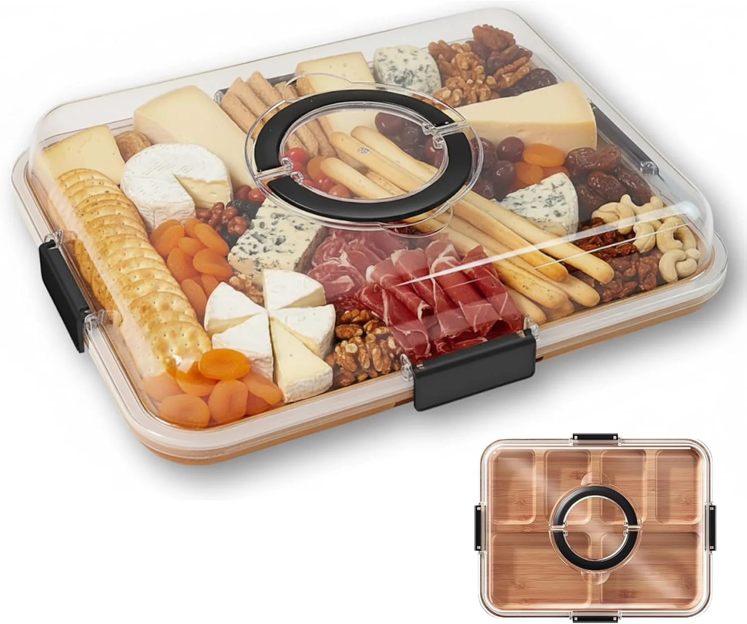 تخته سرو بامبو LIFE HACKS با درب | سینی سرو پنیر و تنقلات قابل حمل با پوشش پلاستیکی بدون BPA و دسته | تخته برش و نگهداری مواد غذایی برای پیک نیک، مهمانی و دورهمی (39x29x7.5cm)