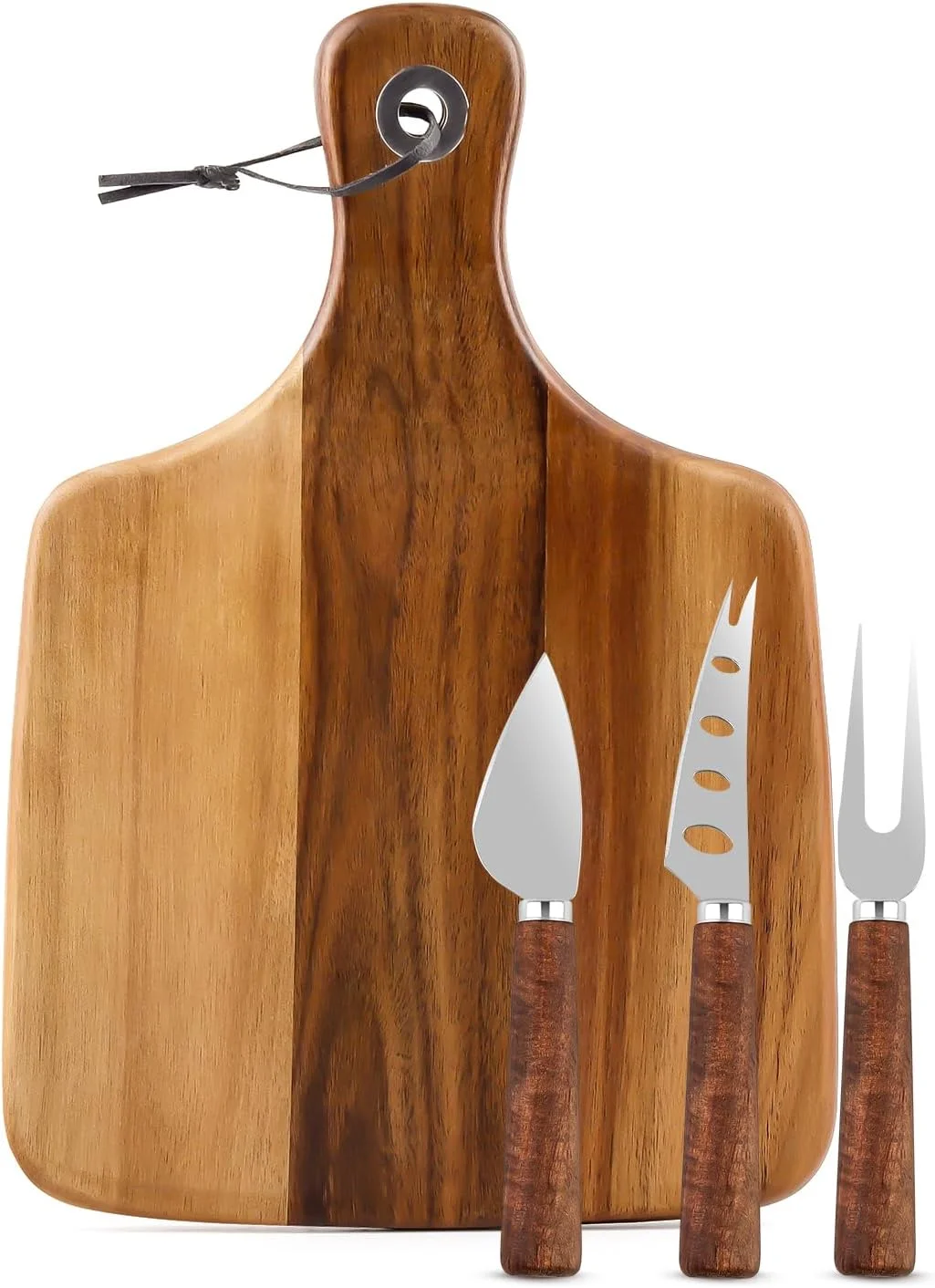 تخته پنیر LeJuveny، ست 4 تکه تخته سرو پنیر چوبی آکاسیا - بشقاب پنیر چوبی و چاقو و چنگال پنیر