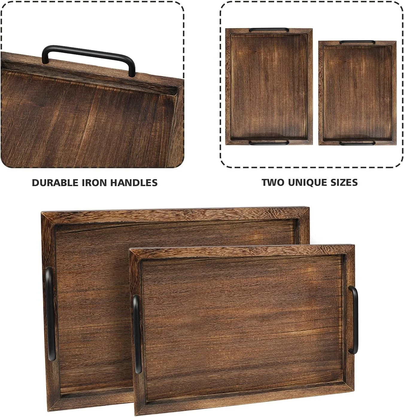 سینی های سرو چوبی روستیک LIBWYS با دسته - ست 2 عددی - تخته های تزئینی برای صبحانه، میز قهوه/باتلر (بزرگ 40x30x3 سانتی متر، کوچک 34x24x3 سانتی متر)