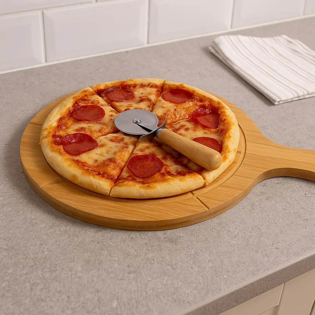 تخته پیتزا خوری بامبو مارکو پاول، 45 سانتی متر، 6 قسمتی، تخته سرو چوبی بادوام به همراه برش پیتزا، مناسب برای آماده سازی غذا، تخته سرو اردو خوری