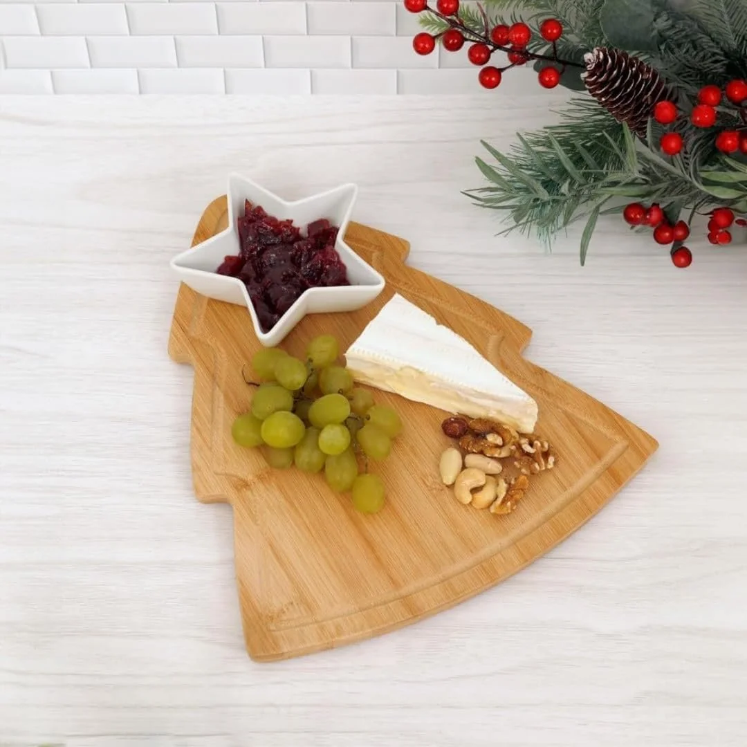 تخته پنیر چوبی مارکو پاول با طرح درخت کریسمس، تخته سرو چوبی جدید، تخته های سرو، هدیه گرمایش خانه، تخته پنیر کریسمس (تخته درختی با کاسه ستاره ای)