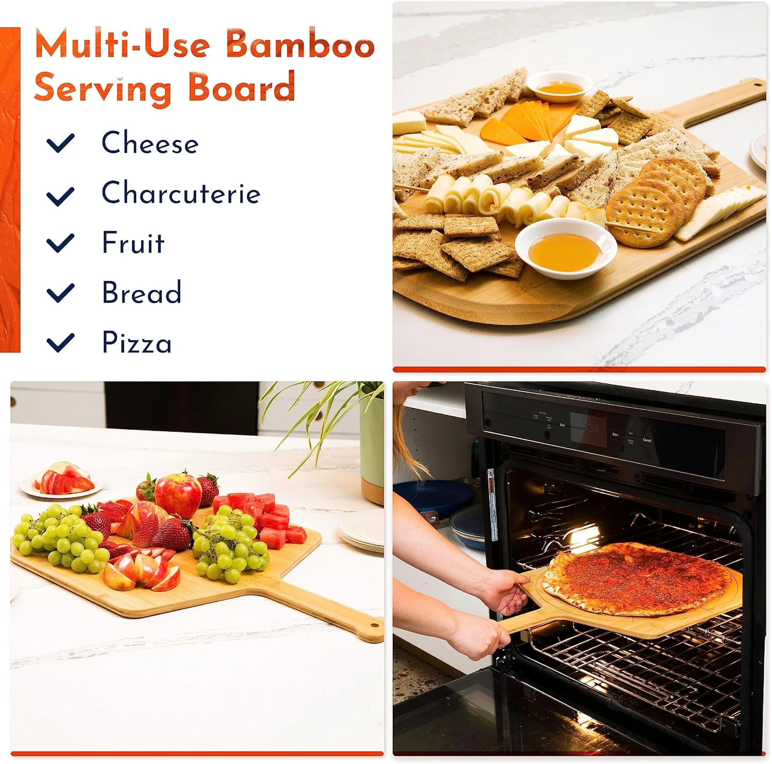 تخته پیتزا چوبی لافترن با سایزهای حکاکی شده - تخته برش پیتزا بامبو چند منظوره، تخته پیتزا چوبی، کفگیر پیتزا و تخته سرو با راهنمای سایز و برش