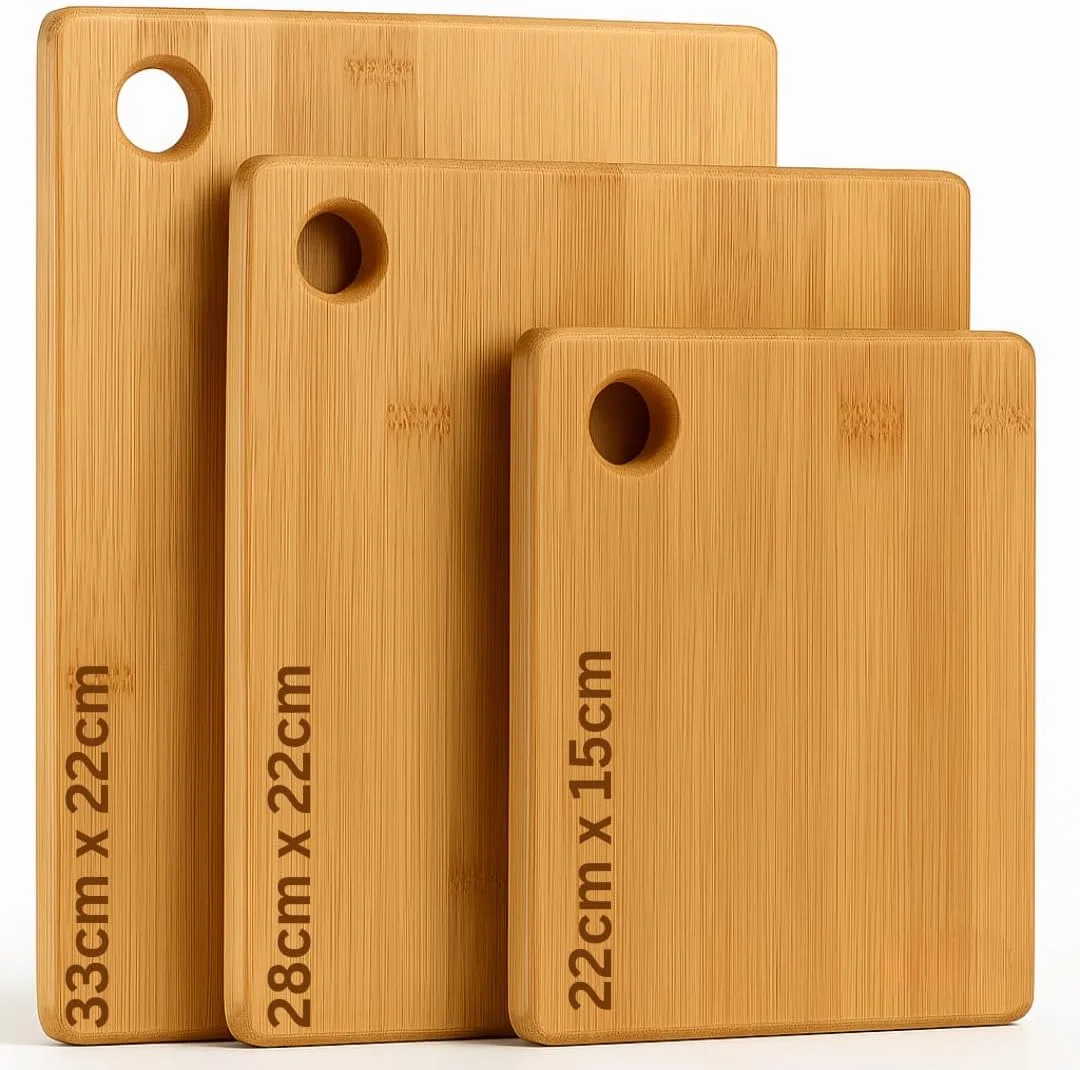 تخته گوشت چوبی لوکس هوم (ست 3 عددی) - 3 تخته برش بامبو بسیار ضخیم - 33x22 سانتی متر / 28x22 سانتی متر / 22x15 سانتی متر - تخته چوبی عالی برای آشپزخانه، تخته نان و تخته سرو