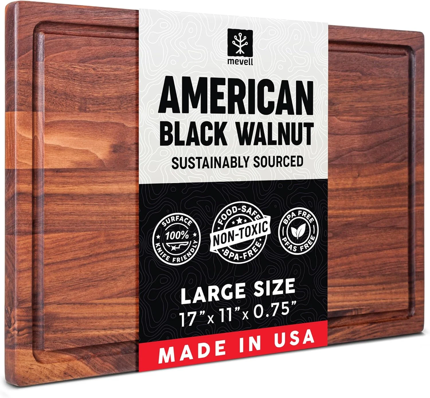 تخته برش چوبی گردو برای آشپزخانه، تخته خردکن چوبی دو طرفه با شیارهای آب، ساخت کانادا (بزرگ 43x28x1.9 سانتی متر، دانه تخت)