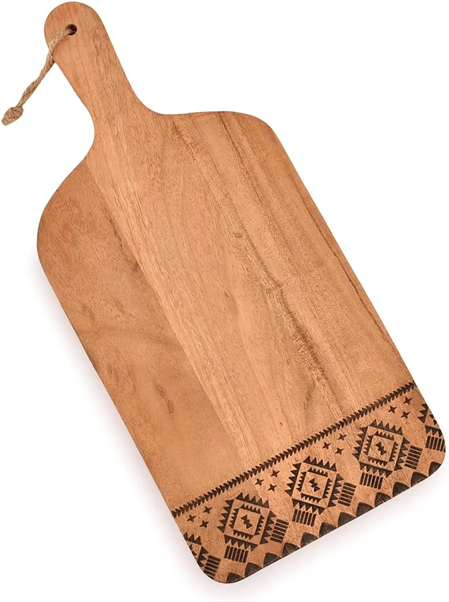تخته برش چوبی آکاسیا، تخته سرو پنیر، تخته گوشت، تخته حکاکی، تخته سرو چوبی تزئینی برای آشپزخانه (38 X 18 X 1.6 سانتیمتر)