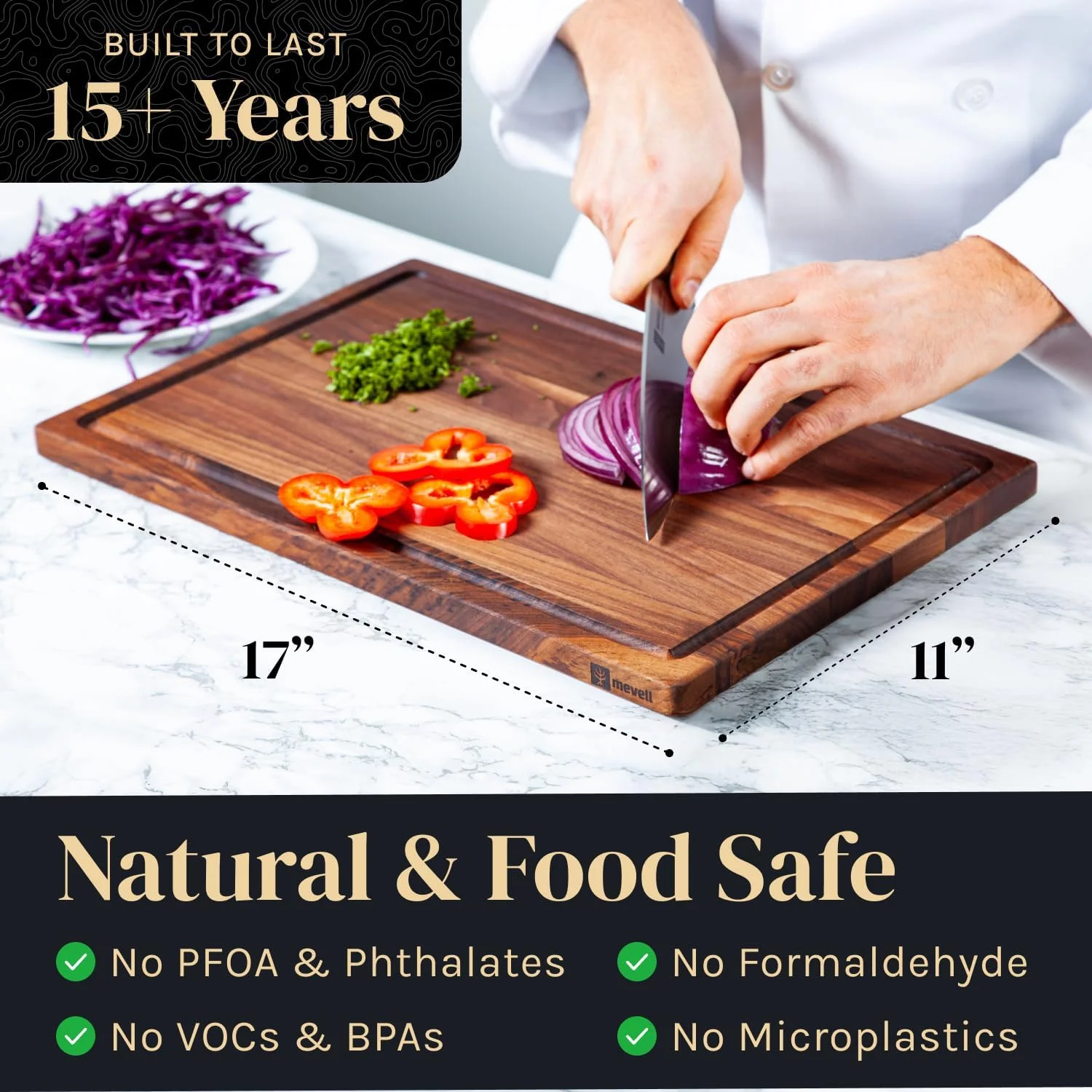 تخته برش چوبی گردو برای آشپزخانه، تخته خردکن چوبی دو طرفه با شیارهای آب، ساخت کانادا (بزرگ 43x28x1.9 سانتی متر، دانه تخت)