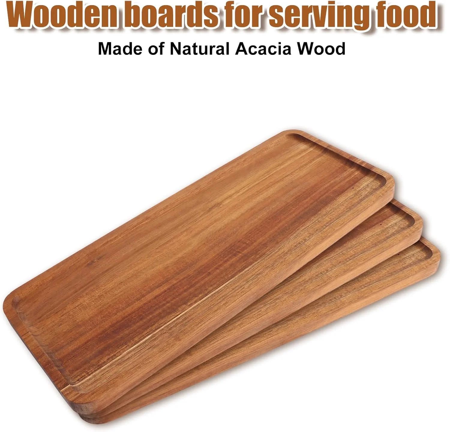 ست ۴ عددی سینی سرو چوبی، بشقاب سرو چوبی با لبه برجسته، تخته سرو چوبی برای سرو غذا، سینی چوب اقاقیا برای سرو میان وعده، صبحانه، سوشی، قهوه، چای و پیش غذا (36x14x1.5CM)