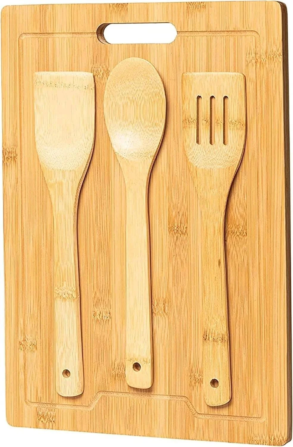 ست تخته برش بامبو MOMENT - تخته برش بامبو طبیعی با 3 ابزار، طراحی مناسب چاقو و شیار آبمیوه برای خرد کردن گوشت، سبزیجات، میوه ها و پنیر [30 x 40 سانتی متر] [4 عدد / 1 ست]