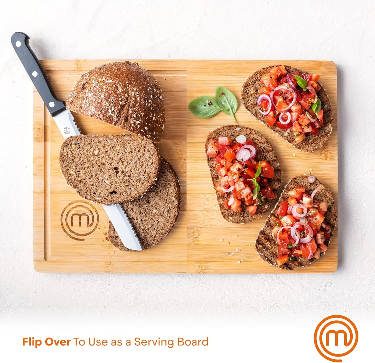 تخته گوشت چوبی MasterChef، تخته برش بامبو ارگانیک با شیار آبمیوه و تخته سرو چوبی دو طرفه برای Charcuterie، سطح آماده سازی غذای ایمن، بزرگ، ضخیم 45x30x2 سانتیمتر