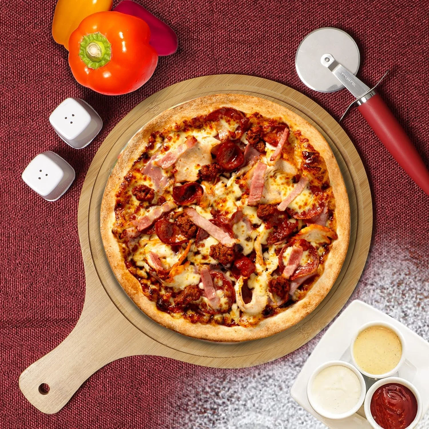 ست ۳ تایی سینی پیتزا بامبو طبیعی با دسته - تخته سرو و برش چوبی گرد برای پیتزا، نان، پنیر، میوه و سبزیجات - تخته سرو آشپزخانه سازگار با محیط زیست (۳۴x۲۴x۲.۵ سانتی متر)