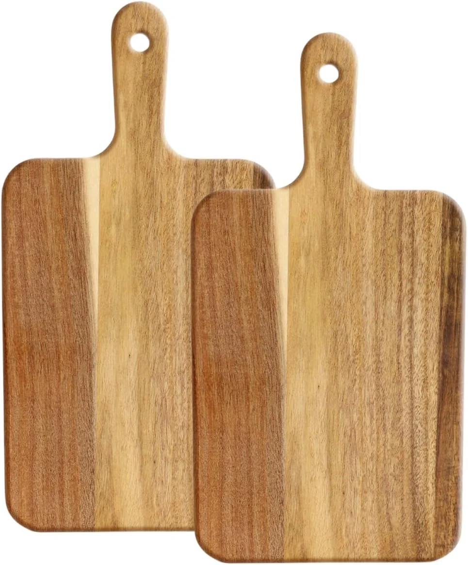 دو عدد تخته برش کوچک چوبی آکاسیا با دسته، 35x18 سانتی متر، تخته خردکن چوبی، تخته سرو با سوراخ برای گوشت، پنیر، سبزیجات، نان و خوراکی های لذیذ