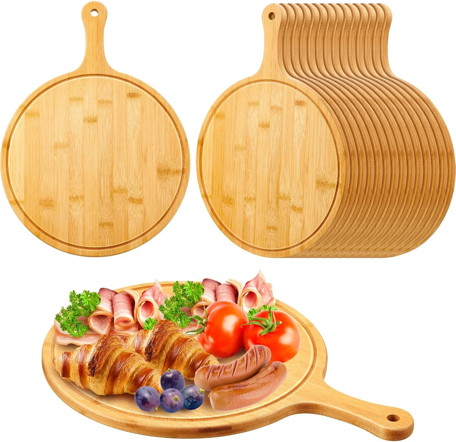 تخته برش چوبی گرد نونن، 30 عدد، با دسته، از جنس چوب بامبو آکاسیا، مناسب برای سرو پیتزا، نان، پنیر، میوه و سبزیجات (بامبو)