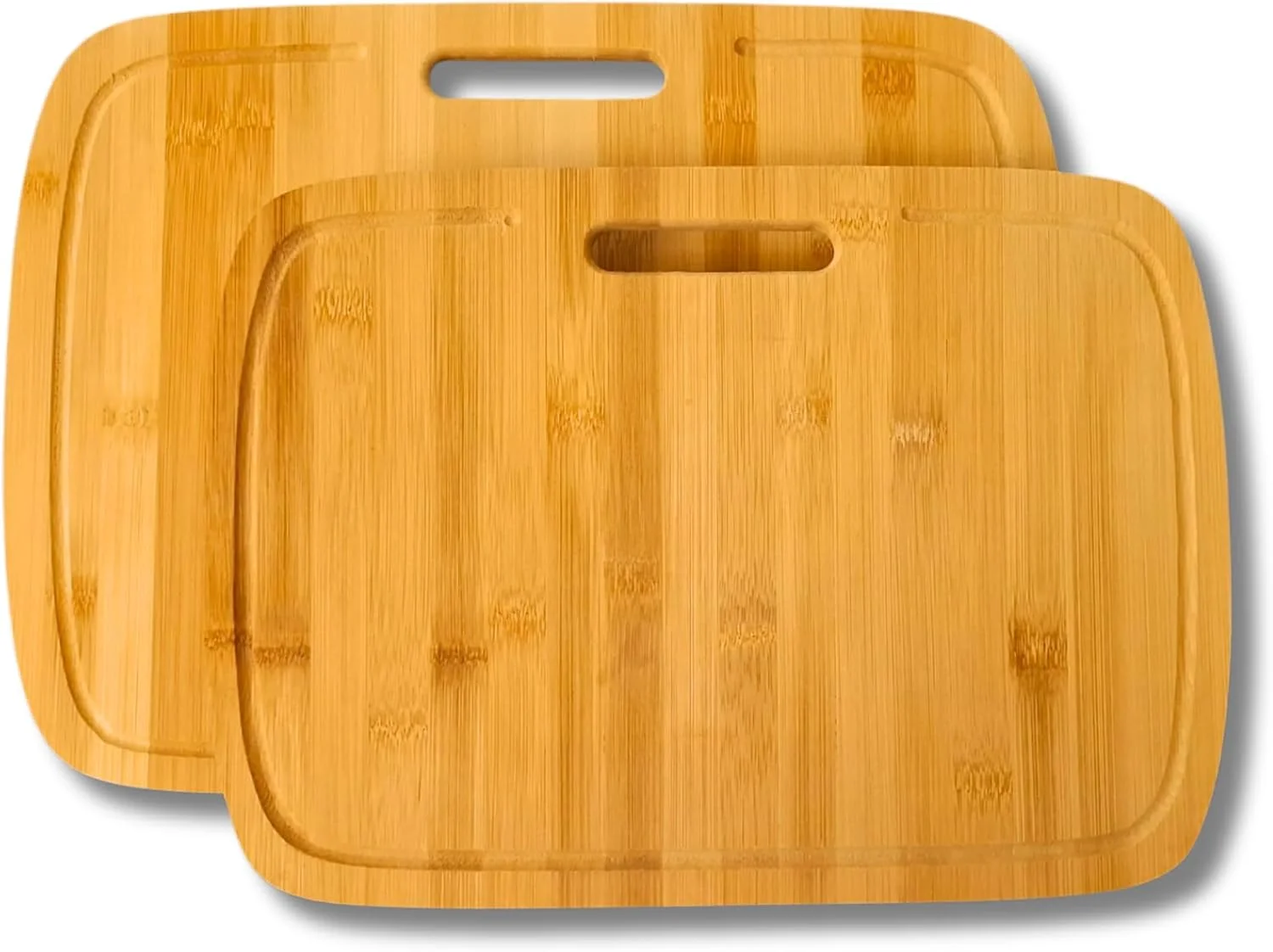 تخته برش چوبی بامبو اصل با شیار آبمیوه برای گوشت، سبزیجات، پنیر و نان | ست 2 عددی: 40x30x1.4 سانتی متر و 36x26x1.4 سانتی متر | طراحی بادوام و چند منظوره! لوازم جانبی آشپزخانه و رستوران.
