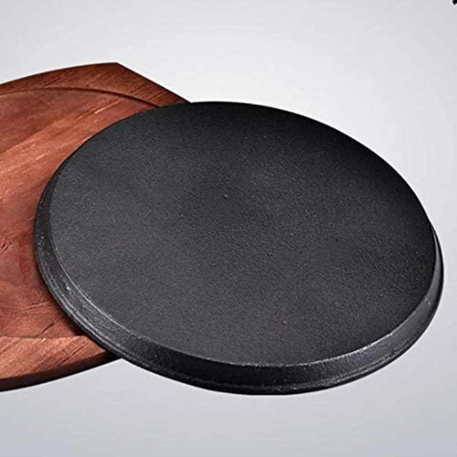 بشقاب استیک گرد تابه پیتزا چدنی گرد با تخته سرو چوبی ظرف سرو داغ تابه تفن یاکی گرد