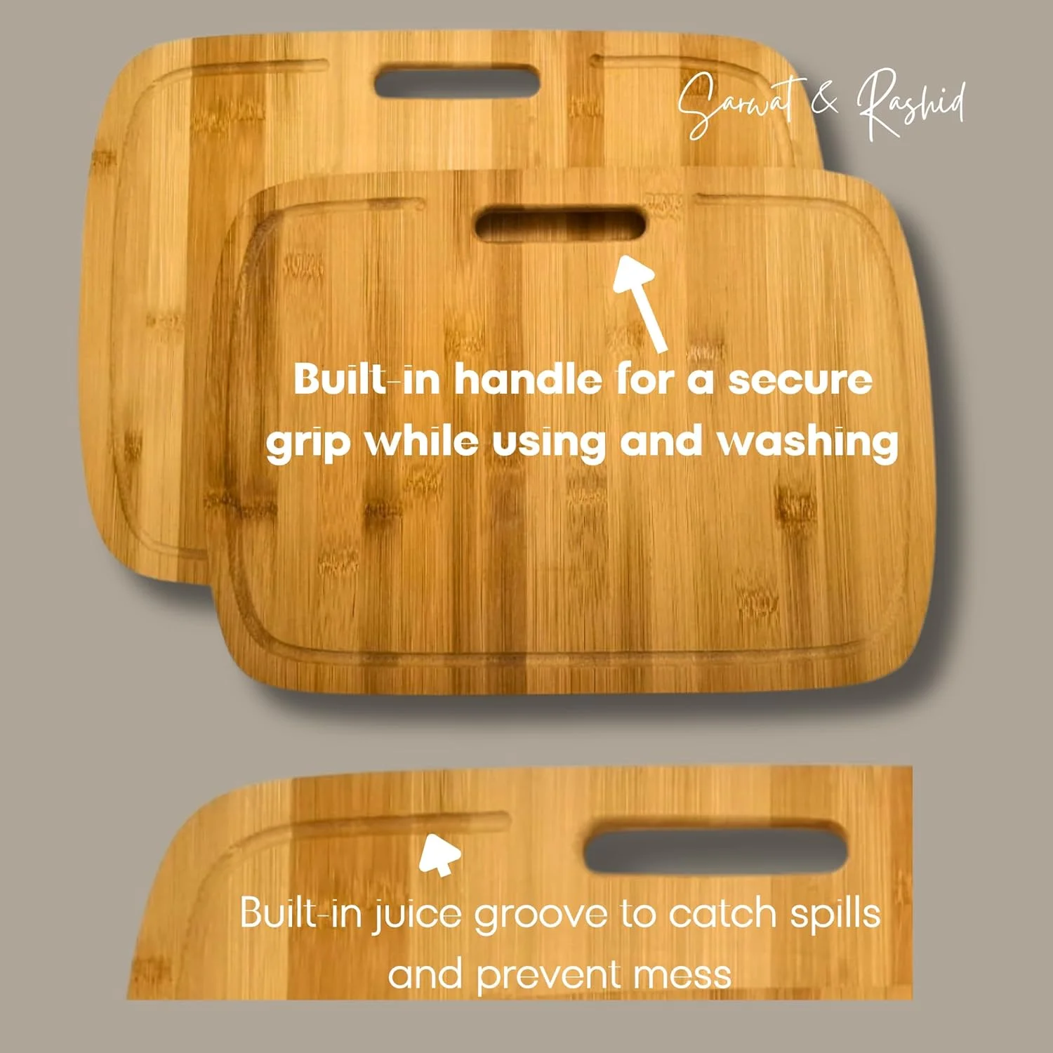 تخته برش چوبی بامبو اصل با شیار آبمیوه برای گوشت، سبزیجات، پنیر و نان | ست 2 عددی: 40x30x1.4 سانتی متر و 36x26x1.4 سانتی متر | طراحی بادوام و چند منظوره! لوازم جانبی آشپزخانه و رستوران.