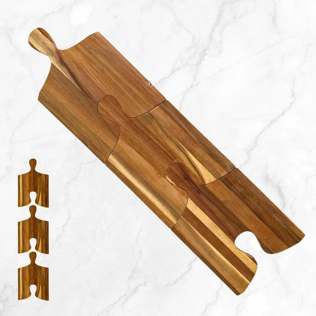 ست تخته سرو، خرد کردن و برش چوبی آکاسیا، طراحی پازلی 3 تکه متصل شونده، مناسب برای سرو پنیر، گوشت، میوه، سبزیجات و نان