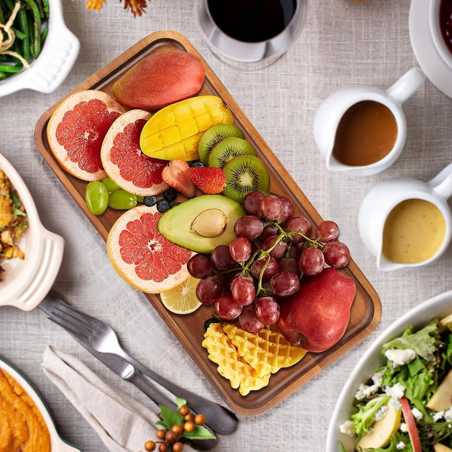 دو عدد سینی چوبی، تخته سرو چوب اقاقیا، سینی مستطیلی میز، بشقاب شام تزئینی کوچک برای غذا، میوه، پیش غذا، شیرینی، نان، چای، قهوه. 29x10.6 سانتی متر برای مهمانی ها در همه مناسبت ها