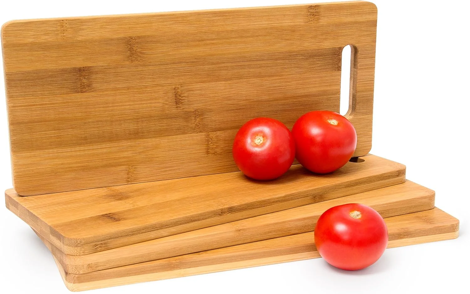 تخته برش بامبو با دسته: 1.5 x 35 x 15 سانتی متر، همچنین به عنوان تخته صبحانه یا سرو، ست 4 عددی تخته آشپزخانه چوبی دو طرفه محافظ تیغه، قهوه ای طبیعی