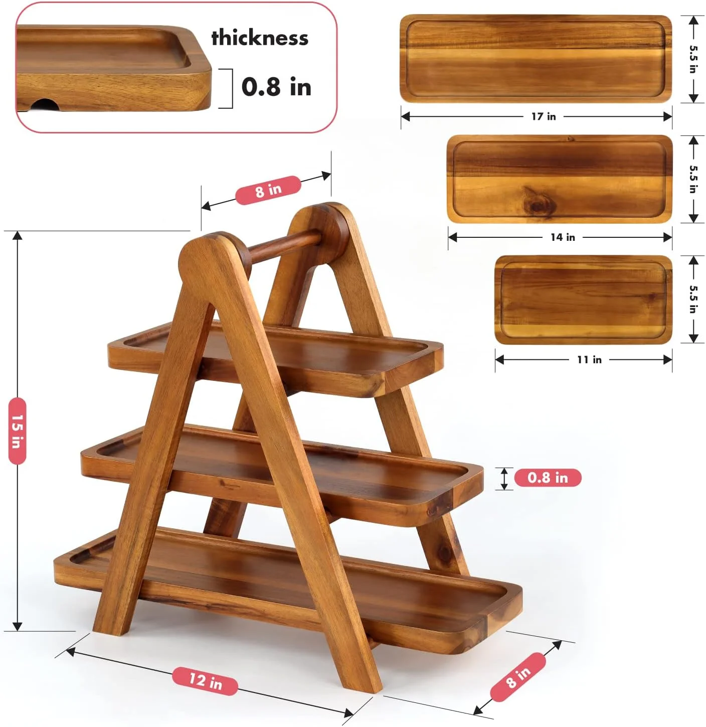 ظرف سرو سه طبقه تاشو، استند کیک چوبی آکاسیا سه طبقه، استند سرو طبقاتی با 3 سینی سرو چوبی آکاسیا برای پذیرایی، سینی چوبی روستایی بوفه مهمانی قدیمی، کیک