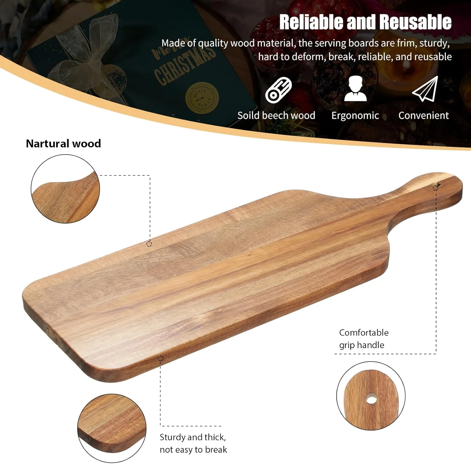 تخته برش چوبی آکاسیا Rtteri، بسته 6 عددی، تخته آشپزخانه ضخیم با دسته، 43 × 15 سانتی متر، تخته سرو چوبی، تخته پنیر چوبی خام برای حکاکی، هدیه عروسی و خانه نویی