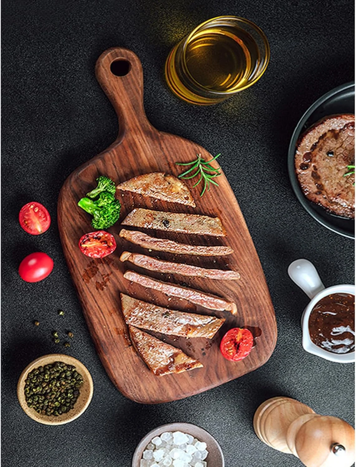 تخته سرو چوبی گردو سیاه با دسته، تخته سرو چوبی با دسته، تخته برش برای آشپزخانه، پخت خانگی، میوه ها، سبزیجات، گوشت و پنیر، نان قهوه ای، قهوه ای - 35 سانتی متر