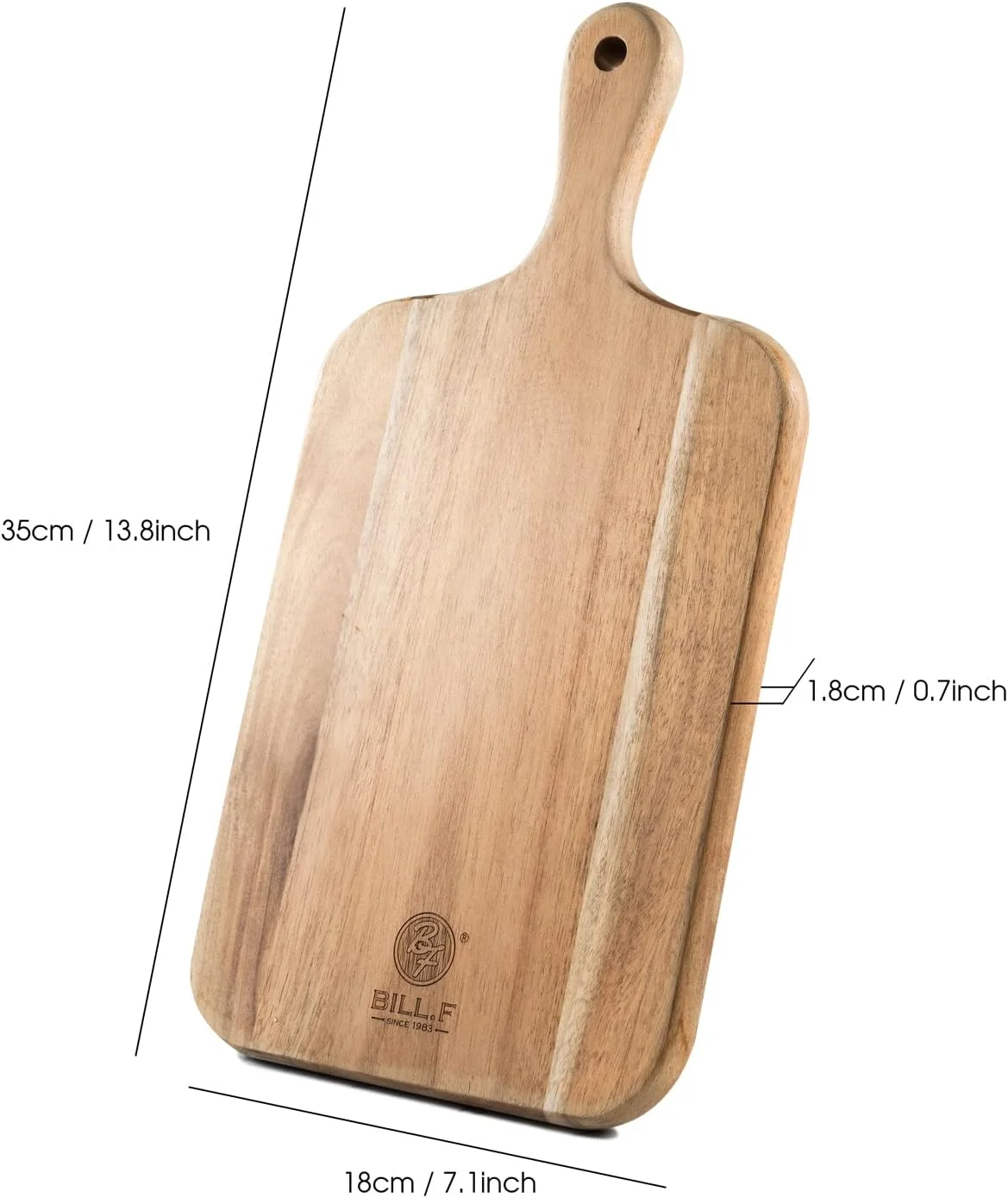 تخته سرو چوبی Bill.F، تخته چوبی برای آشپزخانه، تخته آشپزخانه روستایی، تخته خردکن چوب اقاقیا با دسته، تخته صبحانه، تخته نان، ست بشقاب سرو شامل 35 x 18 x 1.8 سانتی متر
