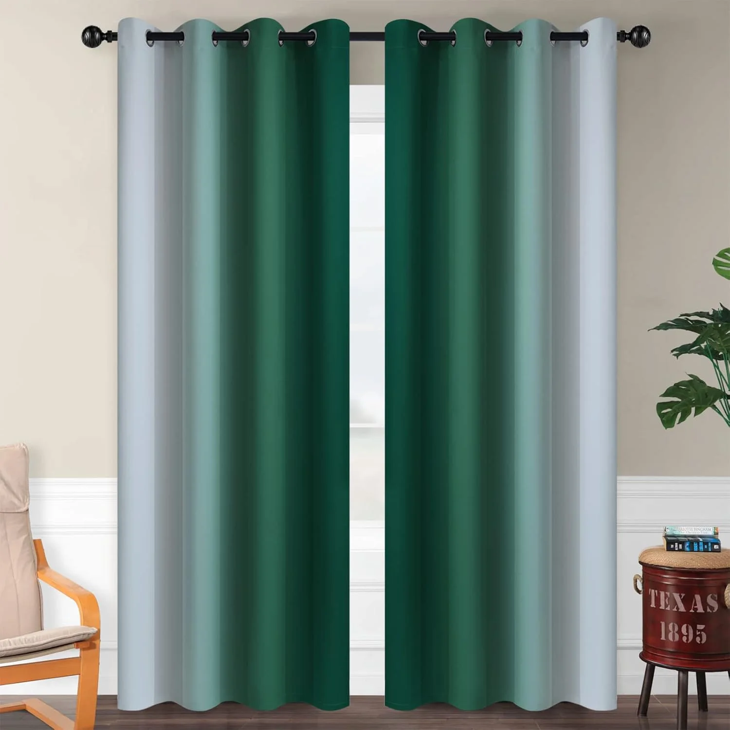 پرده های مسدود کننده نور اتاق SimpleHome Ombre برای اتاق خواب، گرادیان سبز تیره به خاکستری سفید، عایق حرارتی، پرده/دریچه های پنجره با حلقه فلزی برای اتاق نشیمن، 2 عدد، طول 52x84 اینچ