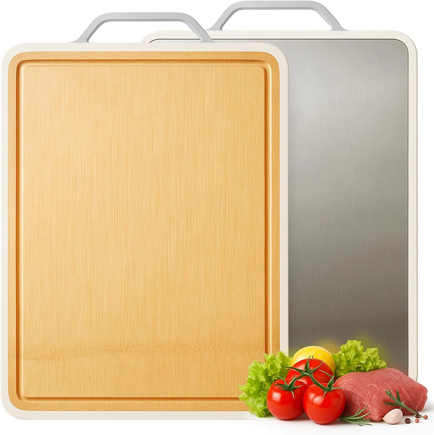 تخته برش بامبو و استیل ضد زنگ برای آشپزخانه، بزرگ 40x30 سانتی متر، تخته خردکن دو طرفه، چوب بامبو 100٪ ارگانیک با شیار آب و تخته برش استیل با دسته برای گوشت و سبزیجات تخته برش بامبو و استیل ضد زنگ برای آشپزخانه، بزرگ 40x30 سانتی متر، تخته خردکن دو طرفه، چوب بامبو 100٪ ارگانیک با شیار آب و تخته برش استیل با دسته برای گوشت و سبزیجات