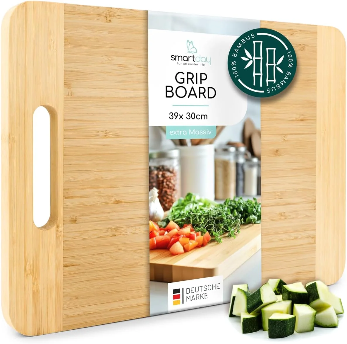 تخته برش اسمارت دی با دسته چوبی، 100% بامبو، تخته آشپزخانه، مقاوم و ضد برش، تخته چوبی برای آشپزخانه و سرو