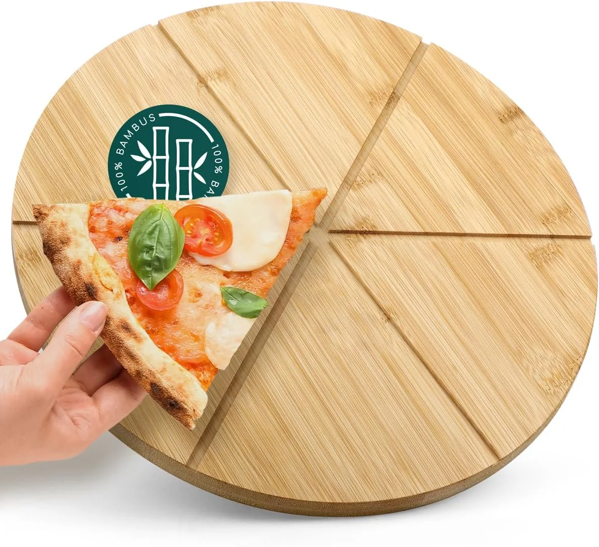 تخته پیتزای بامبو اسمارت دی با علامت گذاری برش - بشقاب پیتزا بزرگ و محکم | تخته برش پیتزا گرد با قطر 33 سانتی متر | تخته خردکن چوبی برای سرو پیتزا، پنیر و تنقلات