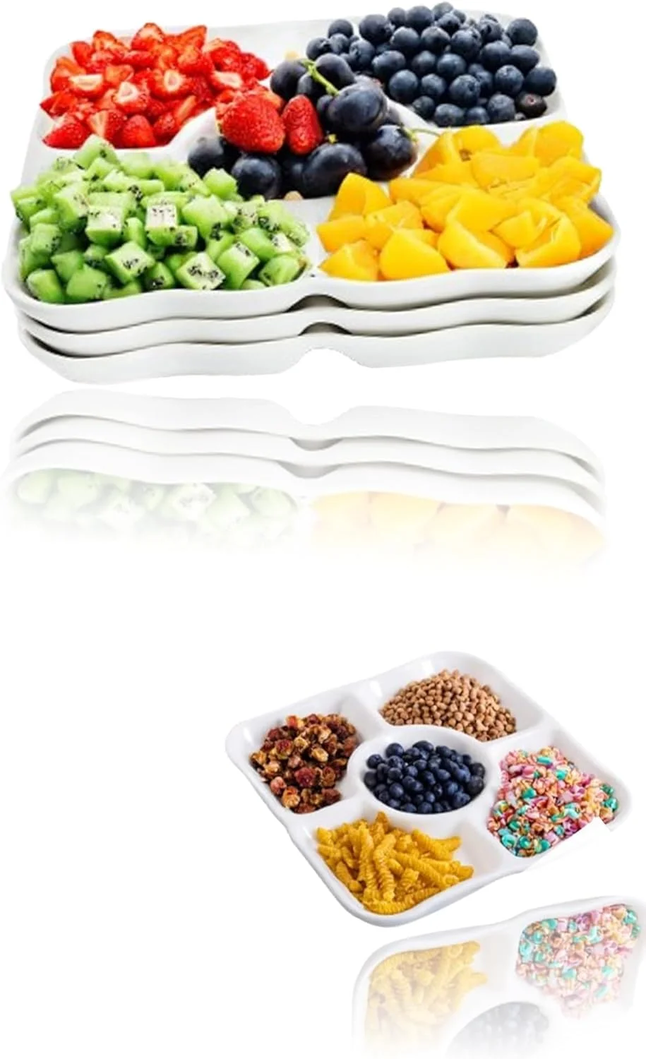 ست سینی سرو سه تکه پلاستیکی سفید تقسیم شده Sweet Seven - ایده آل برای پیش غذا، آبنبات، تنقلات، سالاد، دسر و آجیل - مناسب برای عروسی ها و مهمانی ها