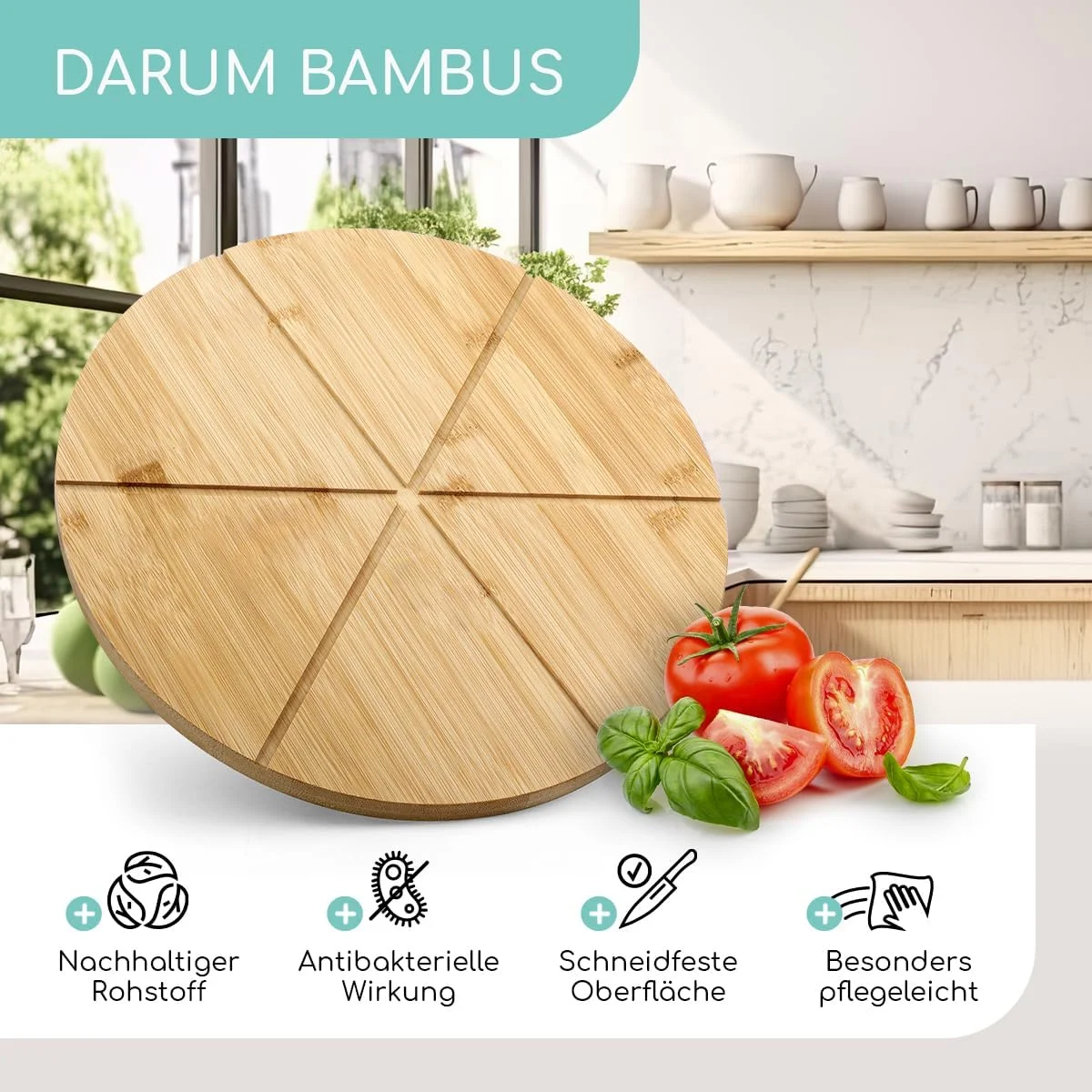 تخته پیتزای بامبو اسمارت دی با علامت گذاری برش - بشقاب پیتزا بزرگ و محکم | تخته برش پیتزا گرد با قطر 33 سانتی متر | تخته خردکن چوبی برای سرو پیتزا، پنیر و تنقلات