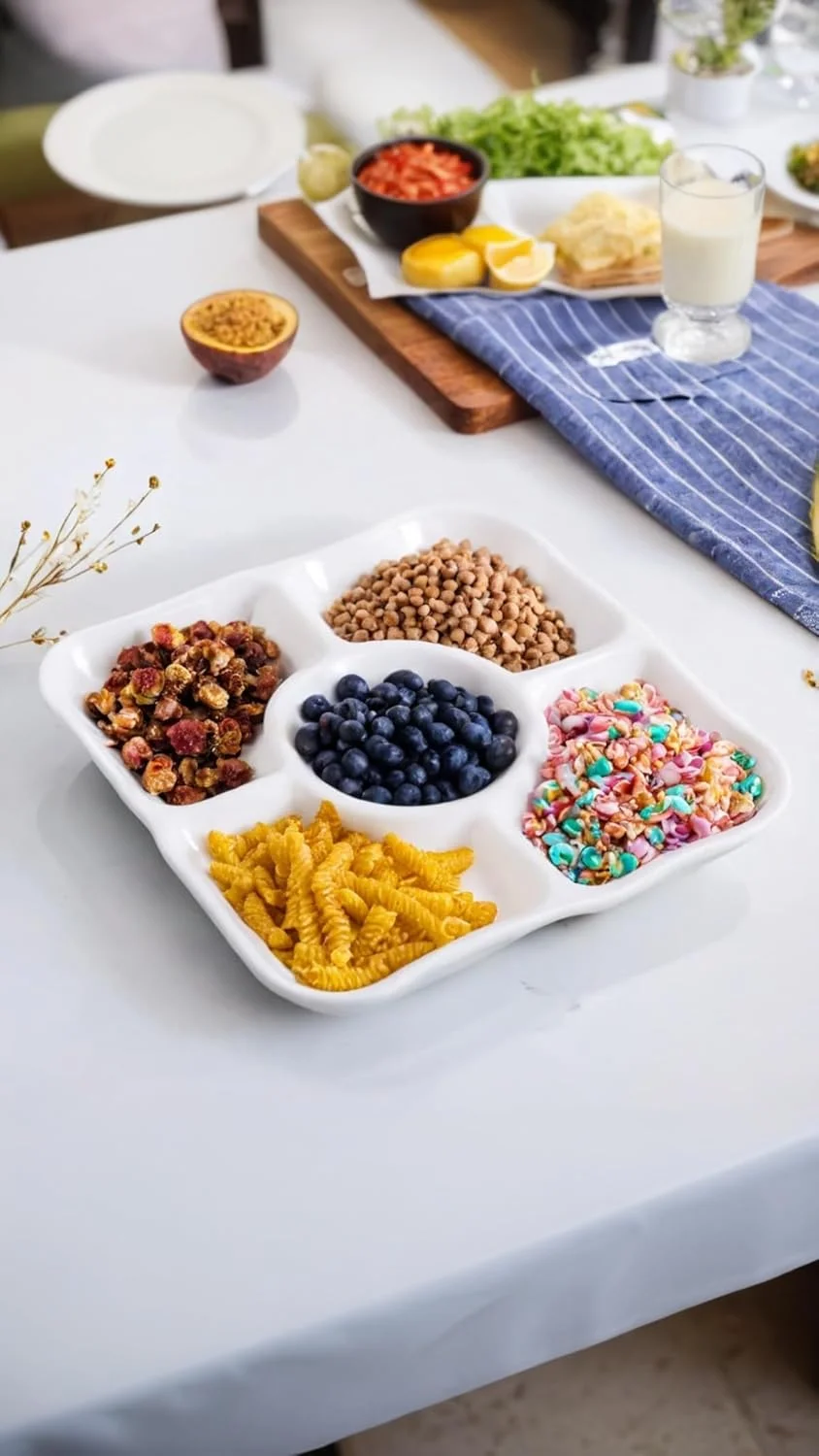 ست سینی سرو سه تکه پلاستیکی سفید تقسیم شده Sweet Seven - ایده آل برای پیش غذا، آبنبات، تنقلات، سالاد، دسر و آجیل - مناسب برای عروسی ها و مهمانی ها ست سینی سرو سه تکه پلاستیکی سفید تقسیم شده Sweet Seven - ایده آل برای پیش غذا، آبنبات، تنقلات، سالاد، دسر و آجیل - مناسب برای عروسی ها و مهمانی ها