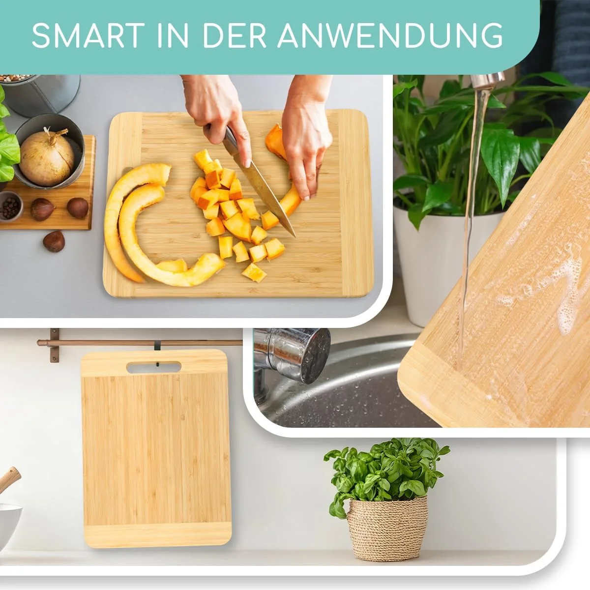 تخته برش اسمارت دی با دسته چوبی، 100% بامبو، تخته آشپزخانه، مقاوم و ضد برش، تخته چوبی برای آشپزخانه و سرو