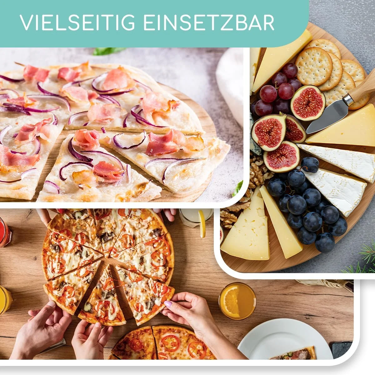 تخته پیتزای بامبو اسمارت دی با علامت گذاری برش - بشقاب پیتزا بزرگ و محکم | تخته برش پیتزا گرد با قطر 33 سانتی متر | تخته خردکن چوبی برای سرو پیتزا، پنیر و تنقلات