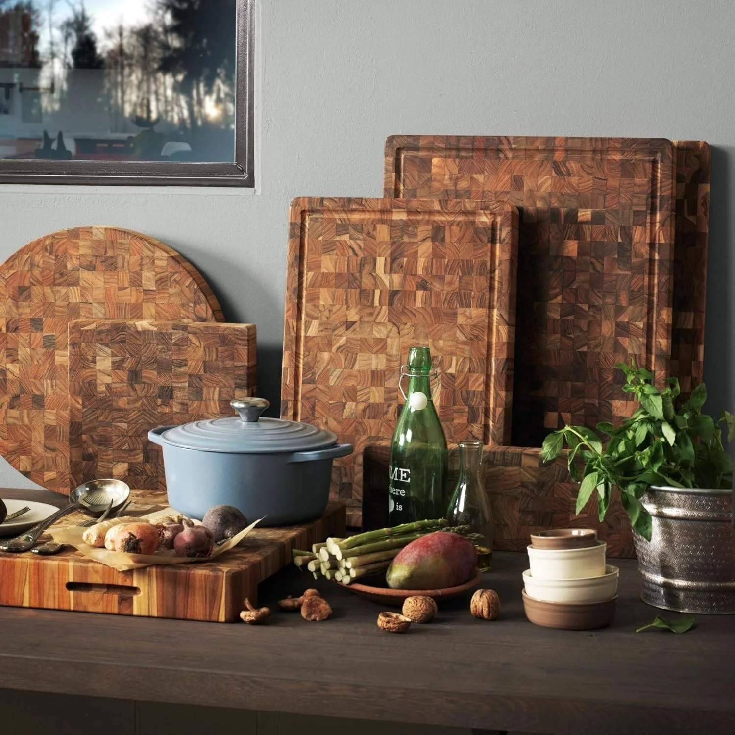 تخته گوشت چوبی تیکهاوس - تخته برش ضخیم متوسط با شیار آبمیوه - چوب تیک با دانه های انتهایی - سازگار با چاقو - دارای گواهی FSC