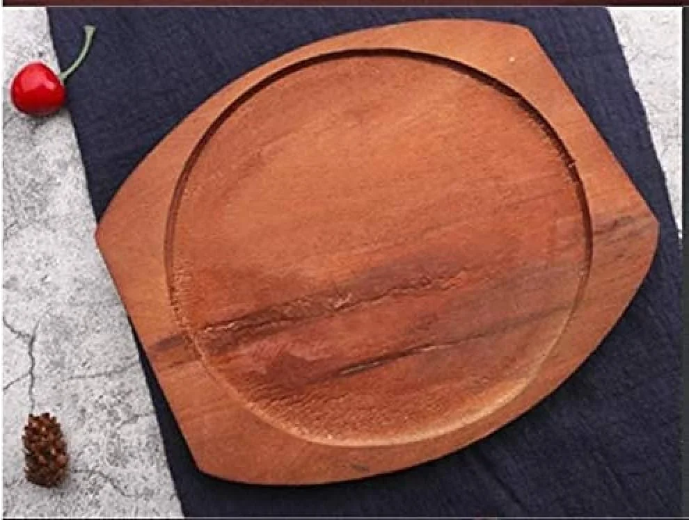 بشقاب استیک گرد TSTSM با تخته سرو چوبی، تابه پیتزا چدنی گرد، ظرف سرو داغ تپانیاکی گرد سایز 22.5 سانتی متر