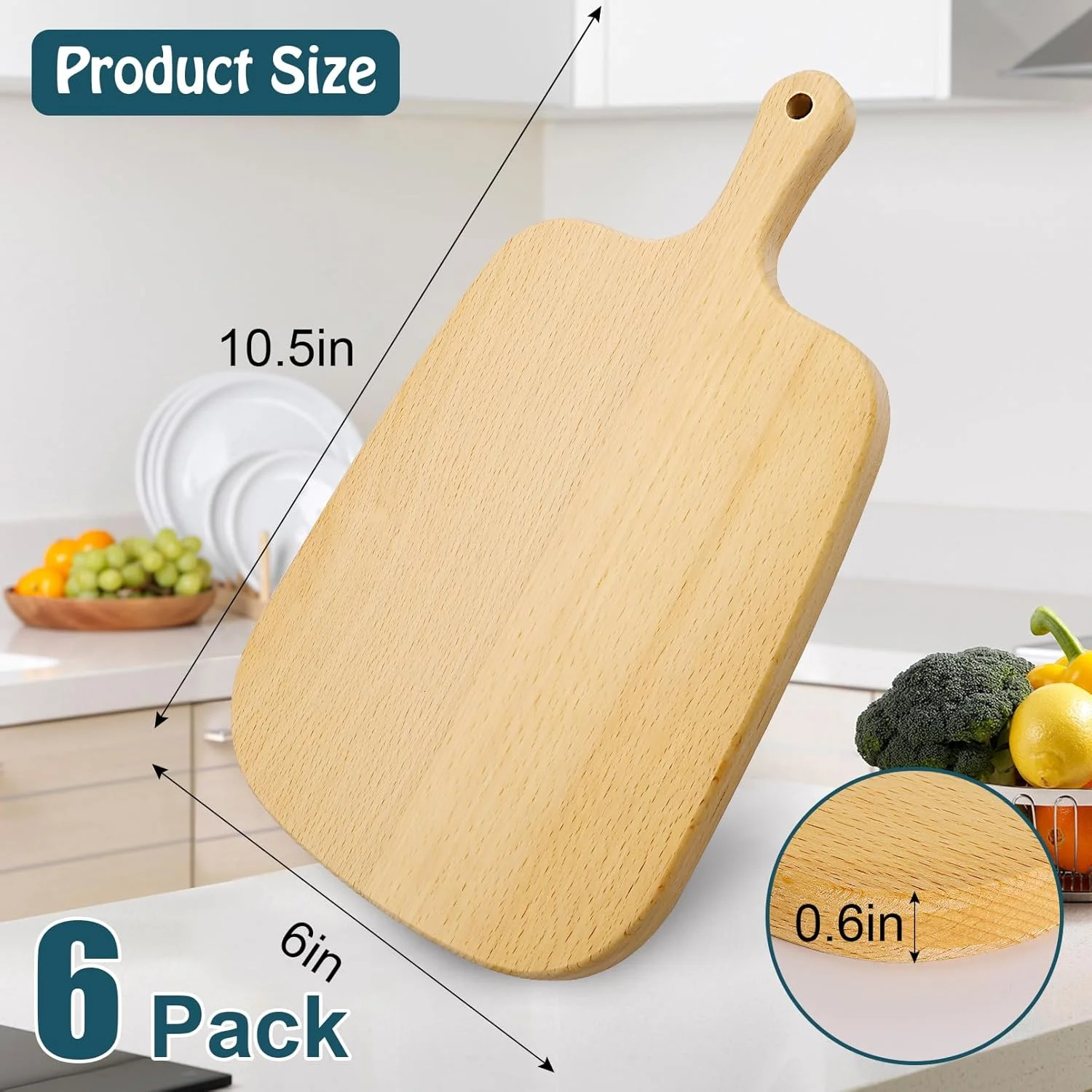 ۶ عدد تخته برش چوبی با دسته، تخته خردکن چوبی ضخیم، تخته سرو چوبی برای پنیر، نان، سبزیجات، میوه، هدیه عروسی و خانه نویی (26.67 x 15.24 x 1.52 سانتی متر)