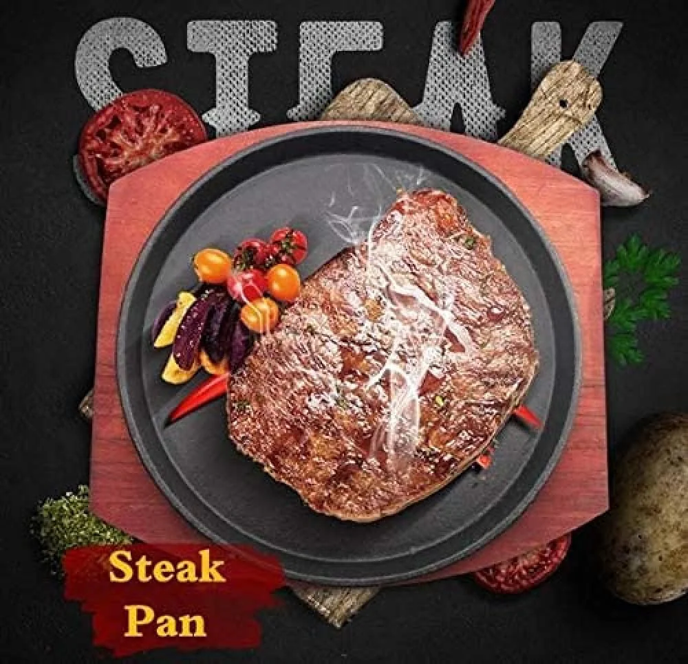 بشقاب استیک گرد TSTSM با تخته سرو چوبی، تابه پیتزا چدنی گرد، ظرف سرو داغ تپانیاکی گرد سایز 22.5 سانتی متر