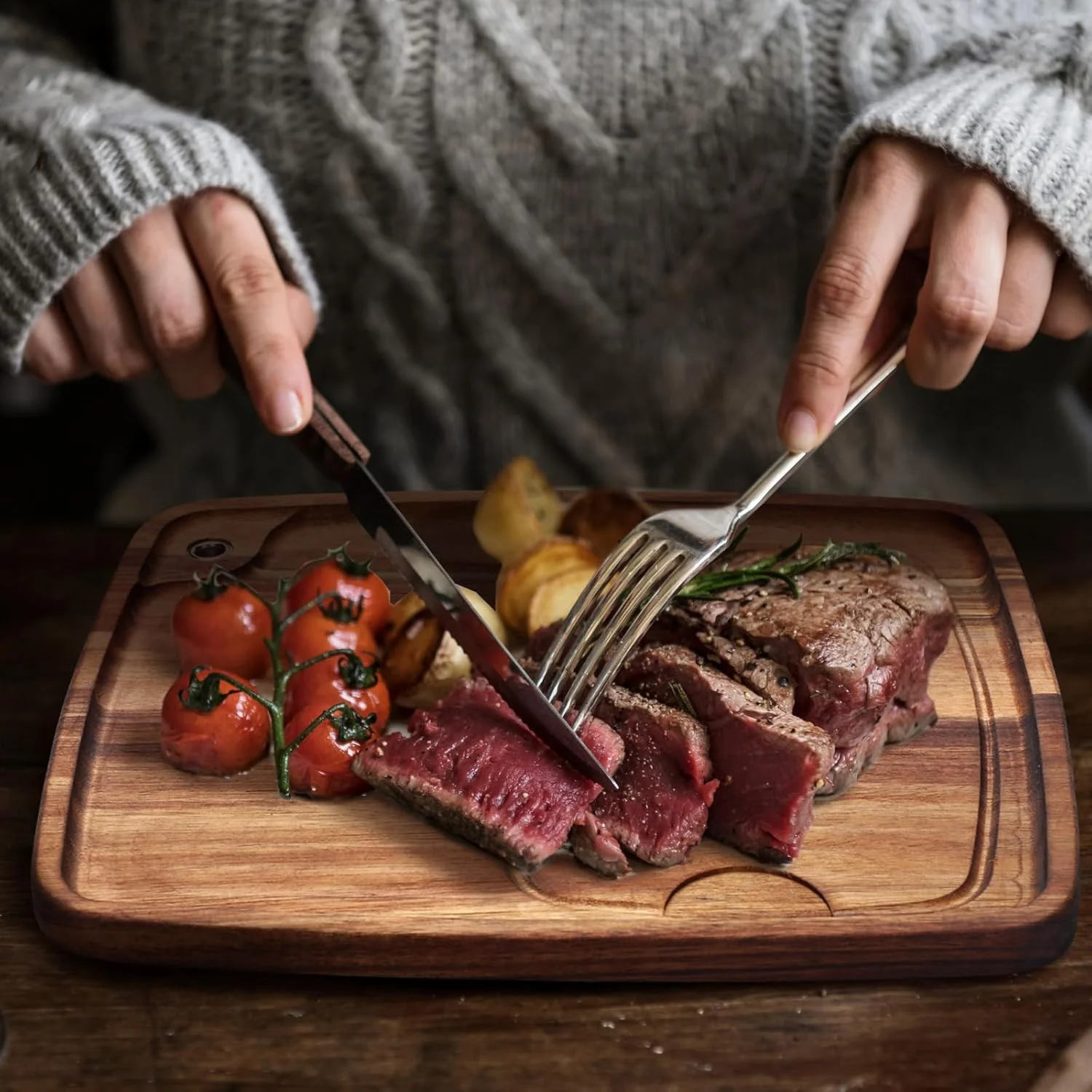 تخته استیک چوبی Uiifan، مناسب سرو استیک، گوشت، پیش غذا و دسر، ابعاد 33x28x1.5 سانتی متر