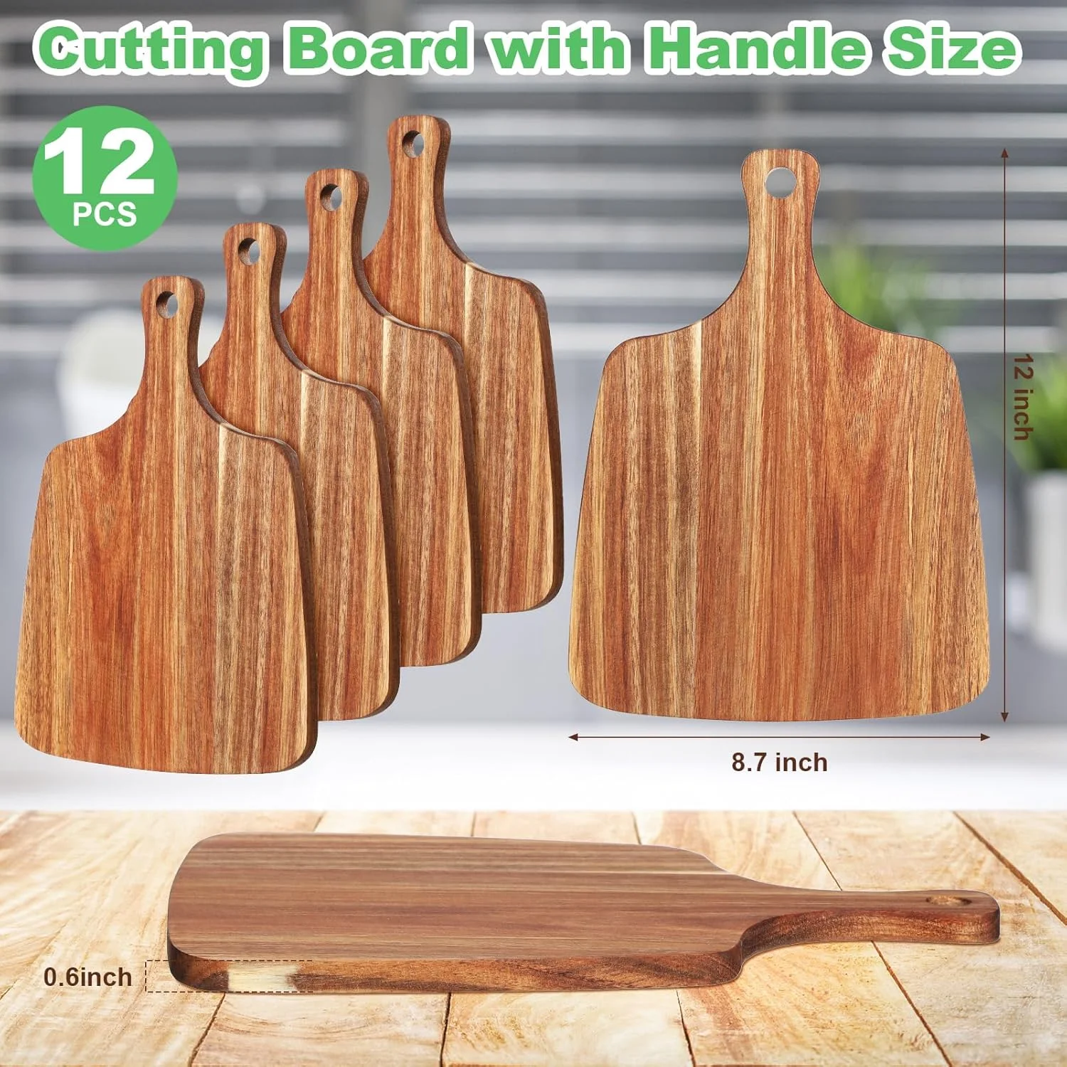 تخته برش وسیسی 12 عددی با دسته، 30 در 22 سانتی متر، تخته سرو چوبی آکاسیا مناسب برای پذیرایی، تخته پنیر و گوشت با دسته، هدیه عروسی برای زوج، مناسب برای آشپزخانه، گوشت، سبزیجات و میوه